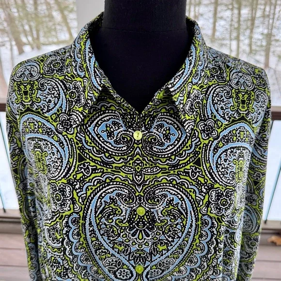 Jones New York Green Blue Black Paisley Button Up Blouse Size 3X EUC - Picture 2 of 8